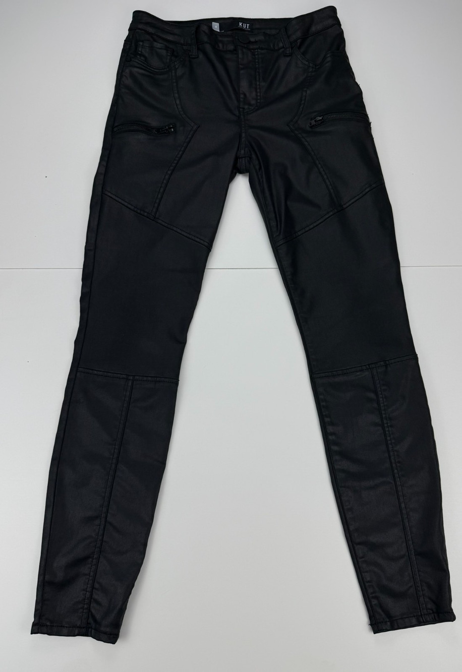 KUT From The Kloth Mia High Rise Fab Ab Skinny Wax Coated Moto Pants Black Sz 8